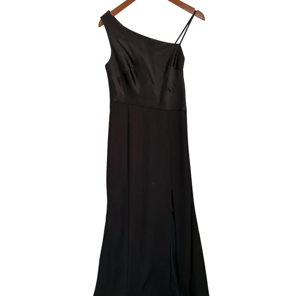 AMSALE Gown Black Satin Dress Maxi Prom Wedding One-shoulder Size 10